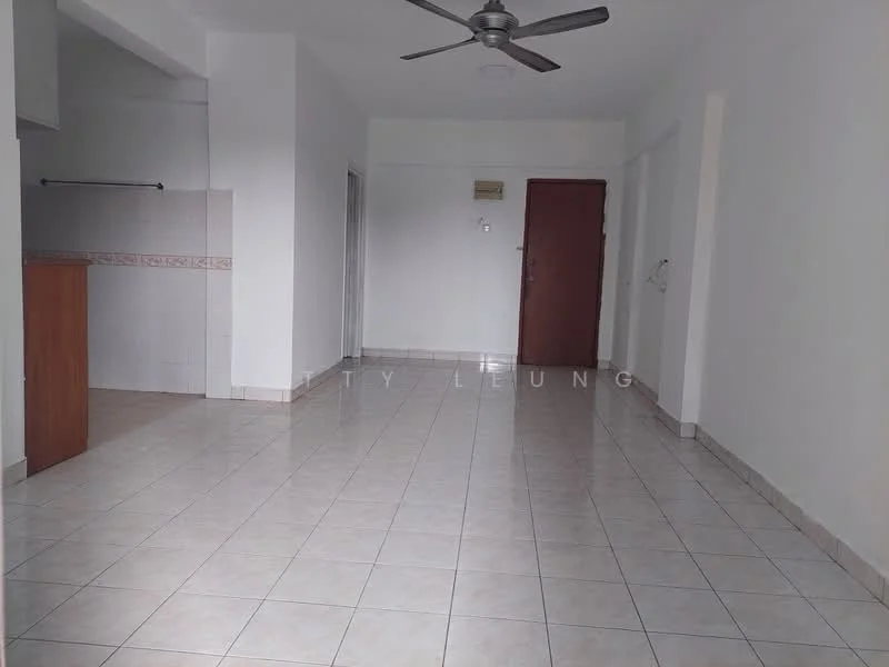 Room features: white painted walls, ceramic tile flooring, ceiling fan, single door, open layout, window with natural light, wall-mounted hooks, kitchen counter with backsplash; style: minimalist.