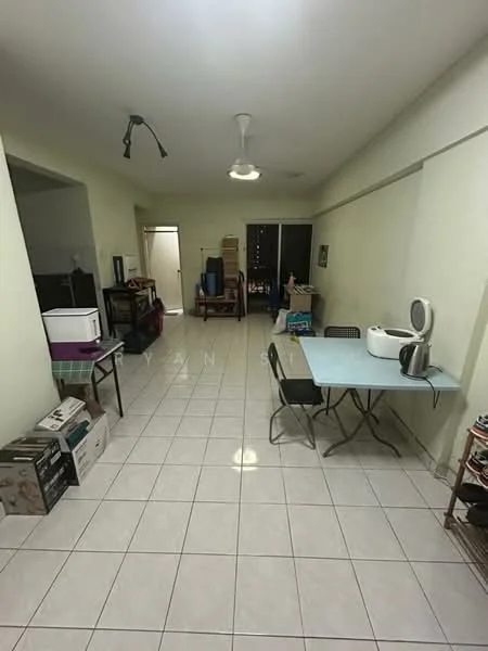 Room features: white painted walls, white ceiling, ceiling fan, tile flooring, dining table with chairs, kettle, microwave, storage boxes, shelves, open space layout.