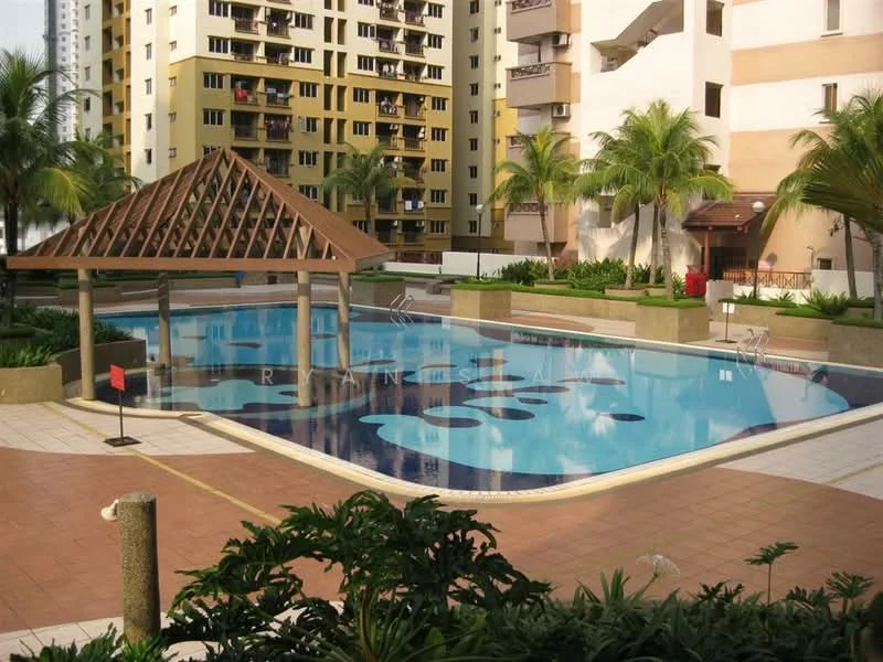 Exterior type: swimming pool deck; features: infinity pool, pool deck with loungers, landscaped garden with palm trees, wooden gazebo, tiled pool surface with decorative patterns, surrounding greenery, paved walkway, multiple levels of pool depth; style: modern.
