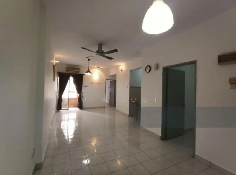 Living features: white painted walls, glossy ceramic tile flooring, 5-blade ceiling fan, recessed downlights, wall-mounted clock, large window with sheer curtains, doorway leading to another room, doorway leading to balcony, neutral color scheme, decorative wall shelf; style: modern; view: city.