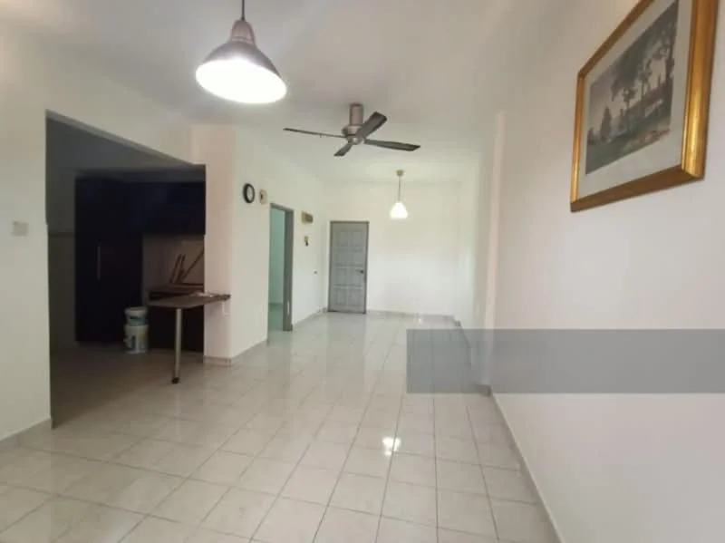 Room features: white painted walls, glossy ceramic tile flooring, 5-blade ceiling fan, recessed downlights, pendant light, door with grey finish, large window with natural light, open layout, wall clock, framed artwork; style: modern.