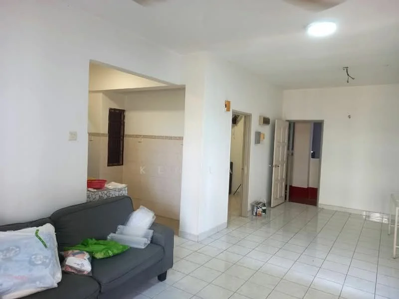 Living features: grey fabric sofa, white tiled flooring, white painted walls, ceiling light, open layout, window with no treatments, doorway leading to other rooms, decorative wall with tiles, visible utility items on floor. Room features: white painted walls, white tiled flooring, doorway leading to bathroom, doorway leading to hallway, window with no treatments.