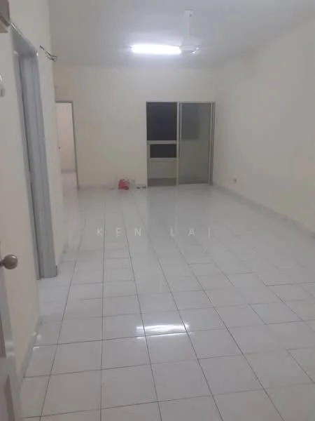 Room features: white painted walls, glossy white floor tiles, ceiling with recessed lighting, sliding glass door, window with no treatments, single ceiling fan, open space layout; style: modern.