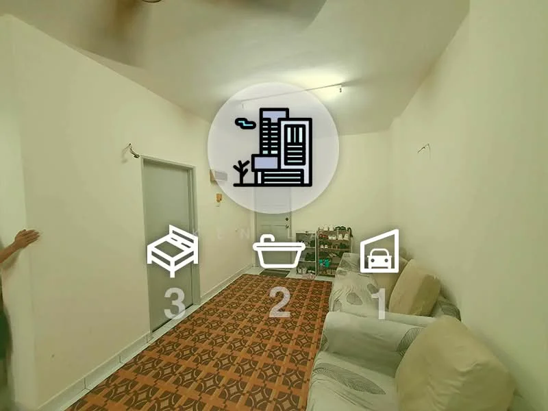 Living features: white painted walls, tiled flooring with geometric pattern, ceiling fan, sofa in light fabric, coffee table, wall-mounted shelves, decorative plants, door leading to another room.