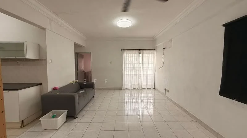 Living features: white painted walls, ceramic tile flooring, 5-blade ceiling fan, floor-to-ceiling windows with sheer curtains, sofa in grey, sliding glass door, light fixture on ceiling, air conditioning unit.