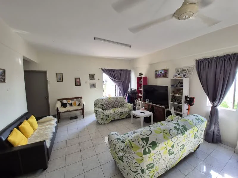 Living features: 2 fabric sofas with floral pattern, 1 leather sofa with yellow cushions, coffee table, wall-mounted TV, TV console, ceiling fan, tile flooring, light grey walls, curtains in dark grey, decorative wall frames, shelving unit with decor items, windows with natural light; style: contemporary.