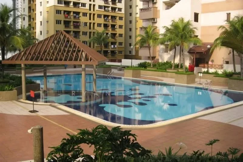 Exterior type: swimming pool deck; features: infinity pool, pool deck with loungers, landscaped garden with palm trees, wooden gazebo with sloped roof, tiled pool area, surrounding residential buildings, manicured lawn; style: modern.