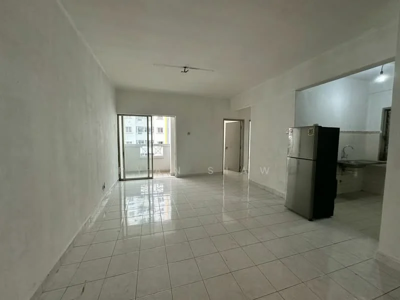 Room features: white painted walls, glossy white tile flooring, floor-to-ceiling windows, sliding glass door, kitchen area visible, stainless-steel fridge, open layout, natural light from windows, high ceiling, no visible furniture; style: minimalist.