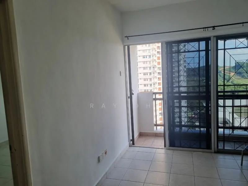 Room features: white painted walls, tile flooring, sliding glass door, balcony with railing, floor-to-ceiling windows, city view, natural light from windows; view: city.
