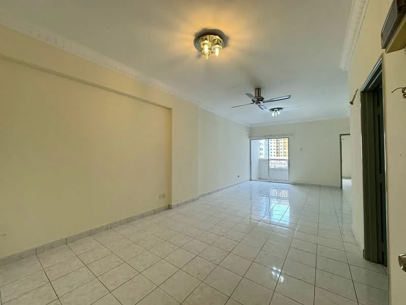 Living features: white painted walls, glossy ceramic tile flooring, tray ceiling with light fixture, ceiling fan, sliding glass door, balcony access, natural light from windows, neutral color scheme; style: modern; view: city.
