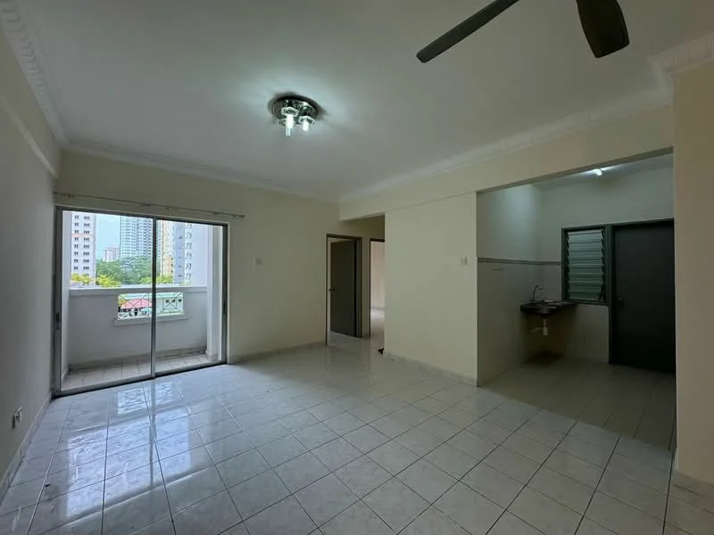 Living features: white painted walls, glossy tile flooring, 5-blade ceiling fan, sliding glass door, floor-to-ceiling windows, balcony access, recessed ceiling lights, neutral color scheme; style: modern; view: city. Kitchen features: wall-mounted cabinets, countertop, sink, tile backsplash, stainless-steel faucet; style: modern.