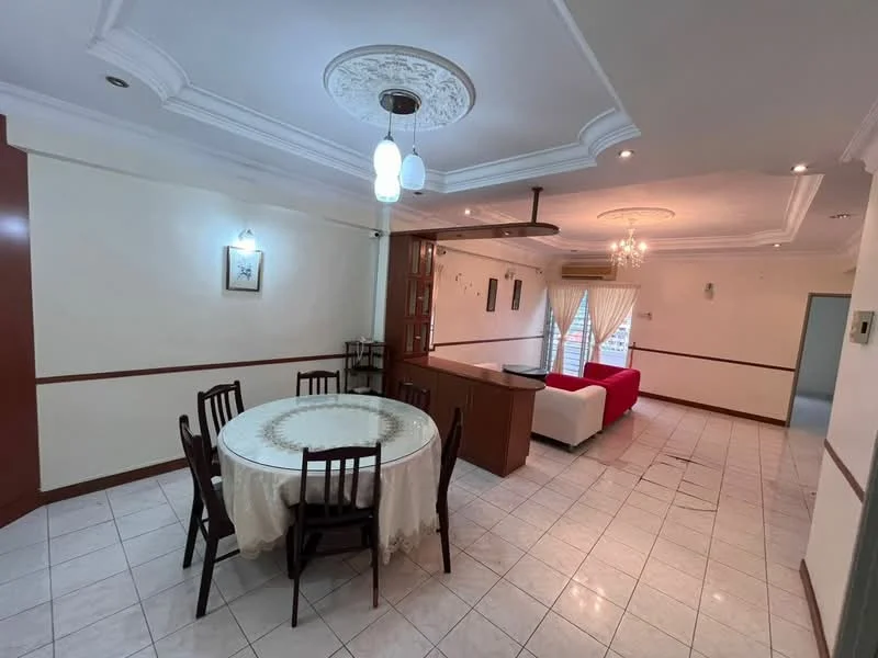 Dining features: round dining table with lace tablecloth, 6 dining chairs, white tiled flooring, crown moulding on ceiling, recessed downlights, ceiling fan, wall-mounted artwork, window with sheer curtains; style: modern. Living features: 3-seater fabric sofa in red, coffee table, TV console, white walls, chandelier, air conditioning unit, open layout to dining area; style: modern.