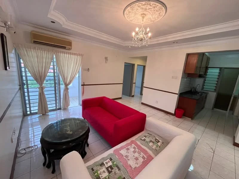 Living features: white painted walls, ceramic tile flooring, tray ceiling with chandelier, 5-blade ceiling fan, large sliding glass door, sheer curtains, red fabric sofa, white fabric sofa, coffee table, decorative wall molding; style: modern; view: garden. Kitchen features: wood cabinetry, ceramic tile flooring, stainless-steel sink, built-in oven, freestanding range oven, window with view to outside; style: modern.