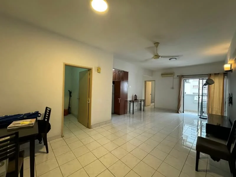 Living features: white painted walls, glossy ceramic tile flooring, 5-blade ceiling fan, recessed downlights, sliding glass door, floor-to-ceiling windows, dining table with 4 chairs, black leather sofa, air conditioning unit; style: modern; view: city. Kitchen features: brown wooden cabinetry, stainless-steel fridge, countertop space, open layout; style: modern. Room features: doorway leading to another room, light switch, wall-mounted air conditioning unit.