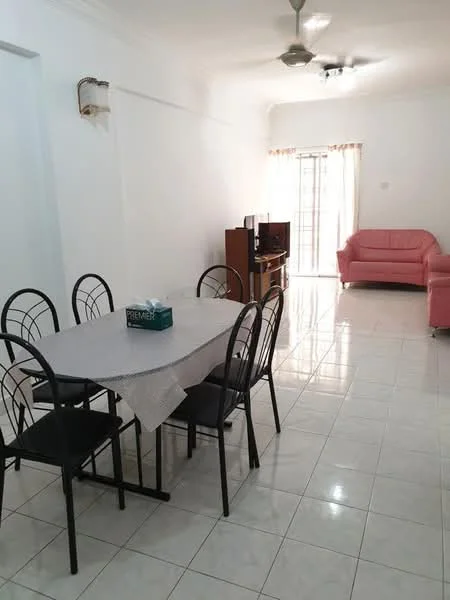 Dining features: 6-seater dining table, black metal dining chairs, white tablecloth, tiled flooring, ceiling fan, wall-mounted light fixture, large window with sheer curtains, open layout to living area; style: modern. Living features: pink leather sofa, wooden TV console, tiled flooring, large window with sheer curtains, ceiling fan, wall-mounted light fixture, open layout to dining area; style: modern.