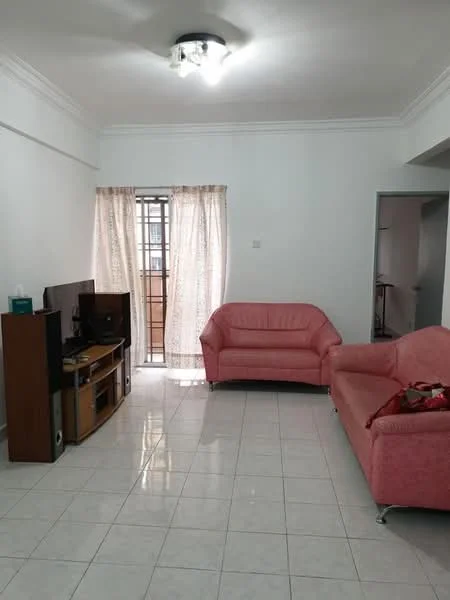 Living features: pink fabric 3-seater sofa, pink fabric 2-seater sofa, wooden TV console, flat-screen TV, white painted walls, white ceiling with recessed lighting, ceramic tile flooring, curtains with sheer fabric, window with metal grille, decorative wall clock; style: modern.