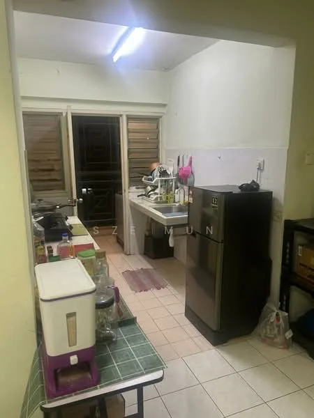 Kitchen features: white painted walls, tile flooring, single-bowl stainless-steel sink, chrome pull-down faucet, wood cabinetry, countertop with space for appliances, stainless-steel fridge, built-in oven, kitchen countertop with utensils, window with wooden grilles, light fixture on ceiling.