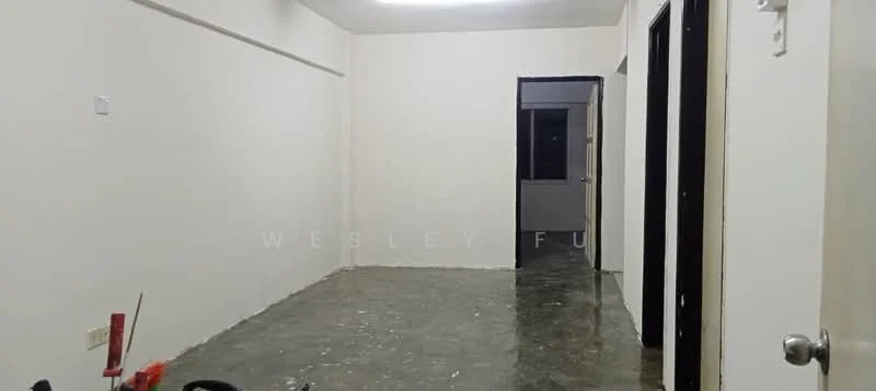Room features: white painted walls, polished concrete flooring, no visible ceiling features, single door, door frame, window frame, empty space; style: minimalist.