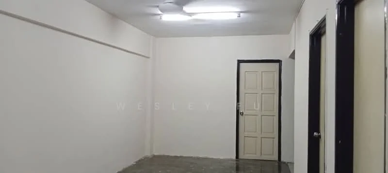 Room features: white painted walls, concrete flooring, ceiling with fluorescent lights, single door, double door, plain ceiling; style: minimalist.