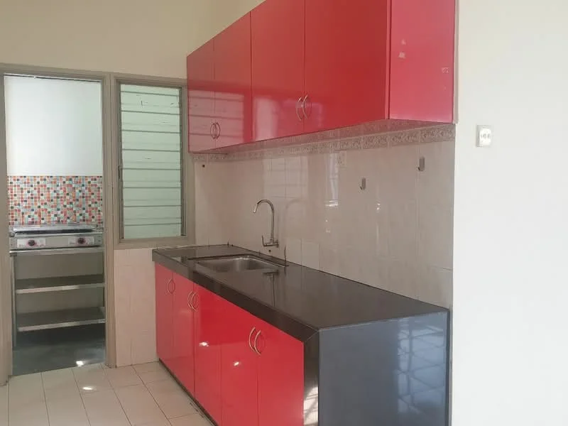 Kitchen features: red high-gloss cabinetry, black countertop, single-bowl stainless-steel sink, chrome pull-down faucet, tile backsplash with colorful mosaic pattern, white tiled flooring, window with sliding glass, gas stove with two burners; style: modern.