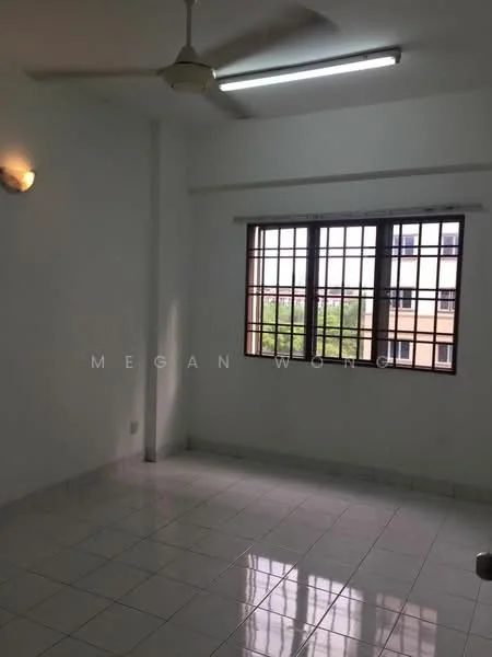 Room features: white painted walls, glossy white floor tiles, ceiling fan, large window with grid pattern, natural light from window, light fixture on wall, corner of room visible, no visible furniture; style: minimalist; view: garden.