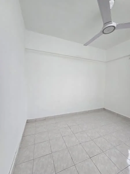 Room features: white painted walls, tile flooring, ceiling fan, high ceiling.