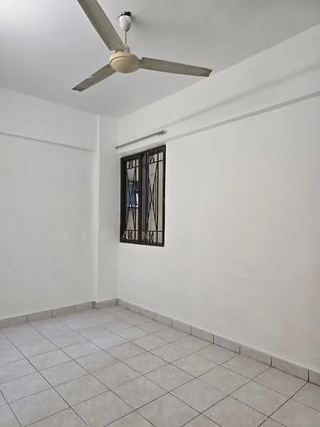 Room features: white painted walls, tile flooring, ceiling fan, window with metal grille, neutral color scheme.