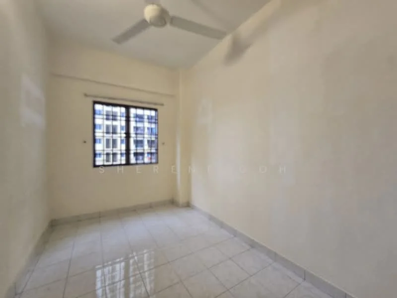 Room features: white painted walls, glossy ceramic tile flooring, ceiling fan, single window, neutral color scheme.