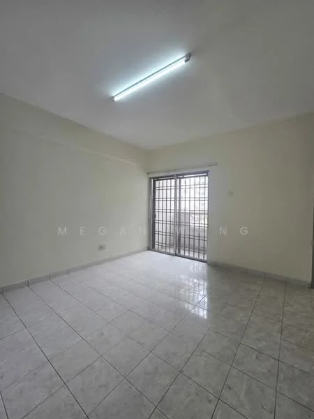 Room features: white painted walls, ceramic tile flooring, sliding glass door, window with metal grille, fluorescent ceiling light.