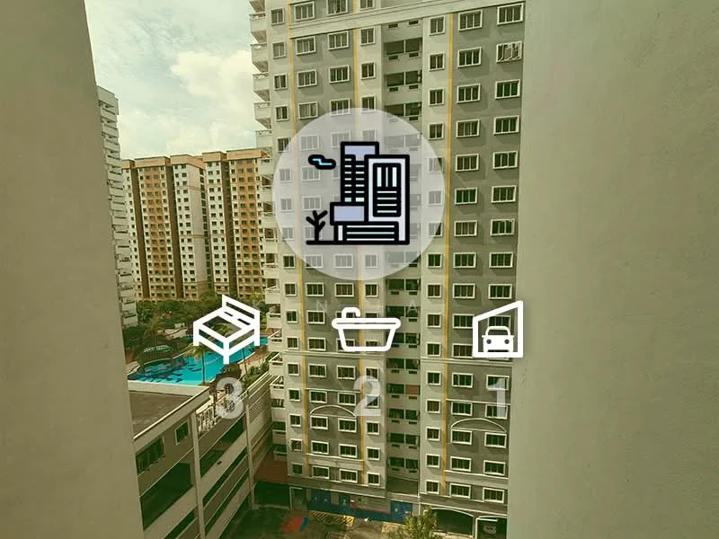 Exterior type: high-rise condominium; features: glass curtain wall, balconies with railings, swimming pool visible, landscaped garden area, multiple storeys, parking area visible, surrounded by other high-rise buildings; style: modern.