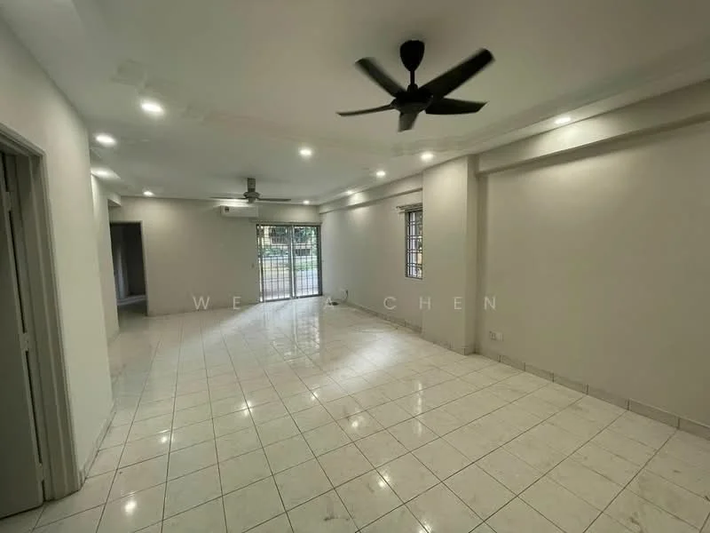 Living features: white painted walls, polished ceramic tile flooring, 5-blade ceiling fan with light, recessed downlights, floor-to-ceiling windows, sliding glass door, natural light from windows, open layout; style: modern; view: garden.