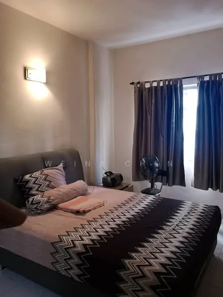 Bedroom features: queen-size bed with patterned bedding, upholstered headboard, bedside table, wall-mounted light fixture, curtains in grey, floor fan, light-coloured walls, tile flooring; style: modern.