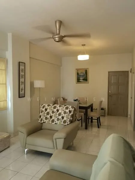 Living features: 3-seater fabric sofa in light grey, armchair with floral pattern, ceiling fan with light, recessed downlights, coffee table, dining table with chairs, framed artwork on wall, light-colored walls, tile flooring, window with sheer curtains; style: modern.