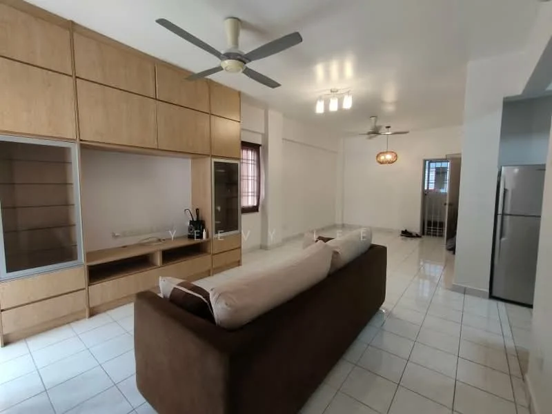 Living features: 3-seater fabric sofa in brown, coffee table, built-in wooden cabinetry with shelves, white tiled flooring, ceiling fan with light, recessed downlights, wall-mounted TV console, large window with grid pattern, open layout to adjacent room; style: modern.