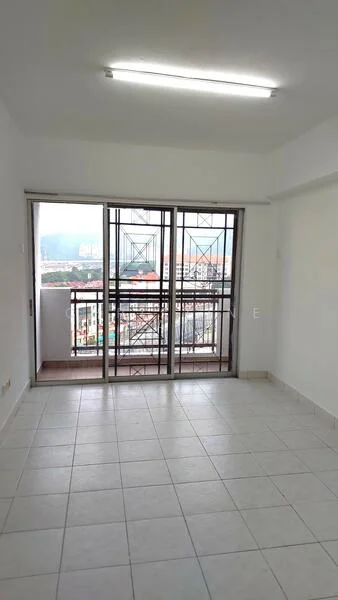 Room features: white painted walls, tile flooring, sliding glass door, floor-to-ceiling windows, mountain view, natural light from windows, ceiling light fixture; style: modern; view: mountain.