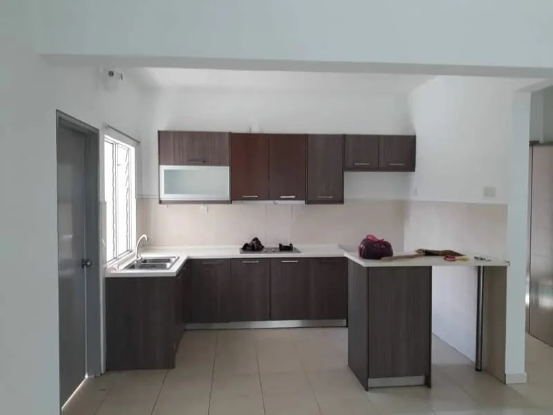 Kitchen features: dark wood cabinetry, white countertop, single-bowl stainless-steel sink, chrome pull-down faucet, built-in microwave, 4-burner gas hob, tile backsplash, ceramic tile flooring, window with security bars, open layout, island counter, neutral wall color, recessed lighting; style: modern.