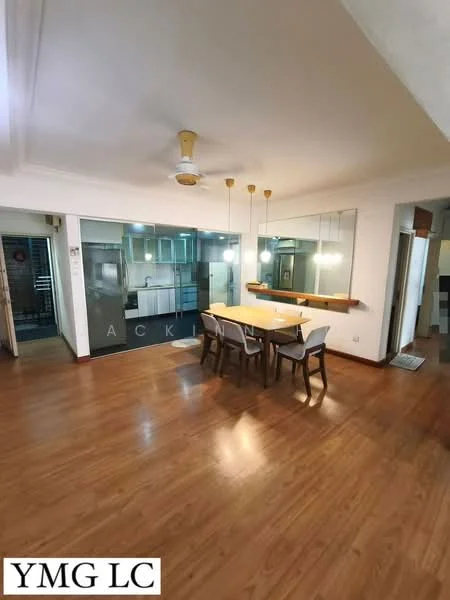 Dining features: wooden flooring, dining table with 4 chairs, pendant lighting above table, mirror wall, ceiling fan with light, open layout to kitchen, glass partition, decorative wall with text; style: modern. Kitchen features: kitchen cabinetry, stainless-steel appliances, open layout to dining area; style: modern.
