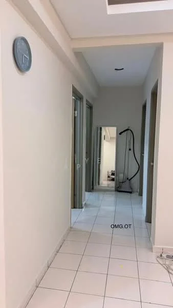 Hallway features: white painted walls, white ceiling, tile flooring, clock on wall, mirror, door frames, light fixture, clean lines; style: modern.