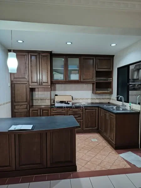 Kitchen features: dark wood cabinetry, granite countertop, double-bowl stainless-steel sink, chrome pull-down faucet, built-in oven, 4-burner gas hob, tile backsplash, recessed downlights, pendant light, ceramic tile flooring, open shelving, kitchen island, window with black frame; style: modern.