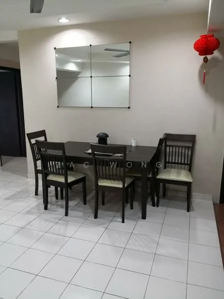Dining features: rectangular dining table, 6 dining chairs with cream upholstery, white tiled flooring, light beige painted walls, mirror on wall, ceiling fan, decorative red lantern, white tablecloth, black ceramic vase; style: modern.