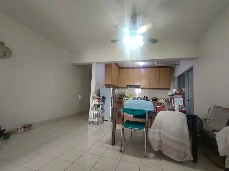 Living features: white painted walls, glossy tile flooring, 5-blade ceiling fan with light, dining table with chairs, refrigerator, kitchen cabinetry, kitchen countertop, open layout to kitchen, decorative wall clock; style: modern.