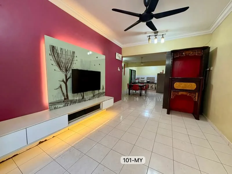 Living features: white wall with decorative mural, burgundy accent wall, white tiled flooring, ceiling fan with light, wall-mounted TV, low-profile white TV console, decorative wooden cabinet, recessed lighting, open layout to dining area; style: modern.