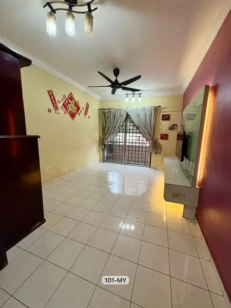 Living features: white tiled flooring, cream painted walls, red accent wall, 5-blade ceiling fan, recessed downlights, curtains, wall-mounted TV, TV console, decorative wall art, sliding glass door, outdoor view, open layout; style: modern.
