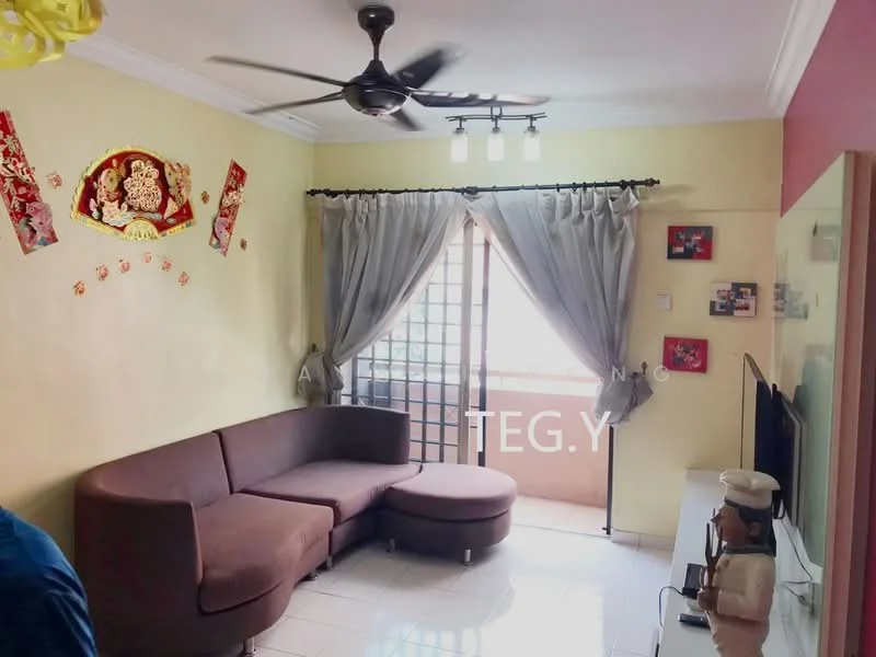 Living features: curved brown fabric sofa, ceiling fan with light, white ceiling with crown moulding, cream painted walls, white tiled flooring, floor-to-ceiling windows with sheer curtains, TV console, wall-mounted TV, decorative wall art, indoor plants, decorative figurine; style: modern; view: city.