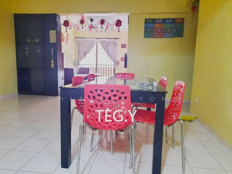 Dining features: black dining table, red plastic dining chairs, white tiled flooring, yellow painted walls, decorative wall art, curtains on window, hanging light fixtures, open layout to living area; style: modern.