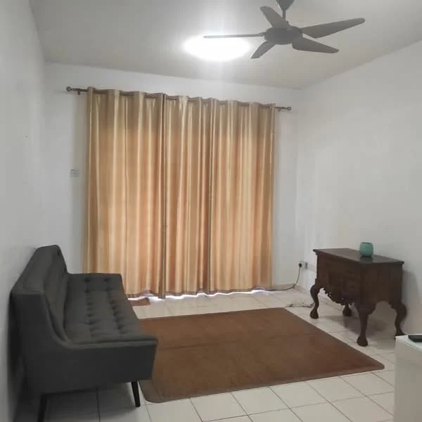 Living features: grey fabric sofa, wooden side table, area rug, cream painted walls, tile flooring, ceiling fan, curtains with gold color, recessed ceiling light; style: modern.