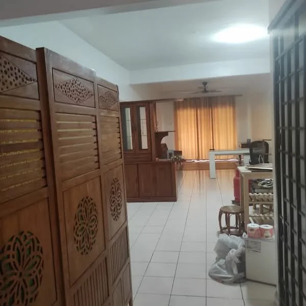 Room features: wooden partition screen, tiled flooring, ceiling fan, curtains, wooden cabinetry, open layout, natural light from windows, furniture visible.