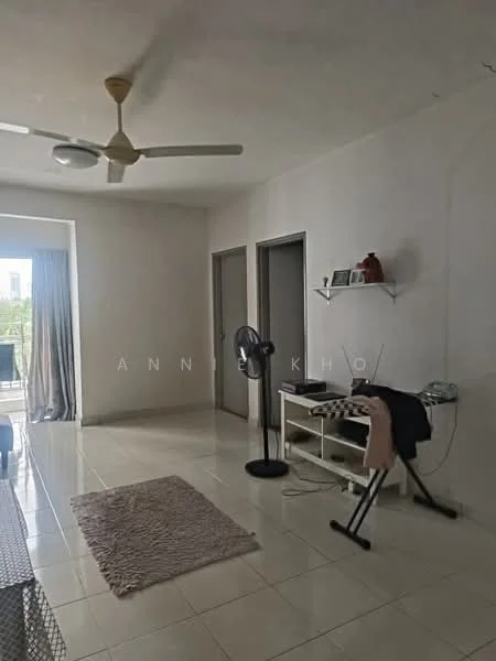 Room features: white painted walls, tile flooring, ceiling fan, sliding glass door, curtains, area rug with geometric pattern, wall-mounted shelf, freestanding fan, table with chair, clothes rack; style: modern; view: city.