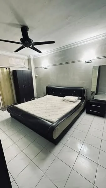 Bedroom features: king-size bed with black leather headboard, white mattress, 2 bedside tables, black wardrobe, full-length mirror, ceiling fan with light, white tiled flooring, grey painted walls, wall-mounted lights; style: modern.