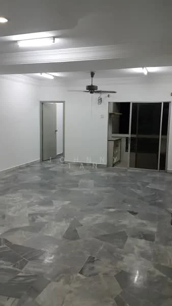 Room features: marble flooring, white painted walls, ceiling fan, recessed downlights, sliding glass door, open kitchen area, door to adjacent room; style: modern.